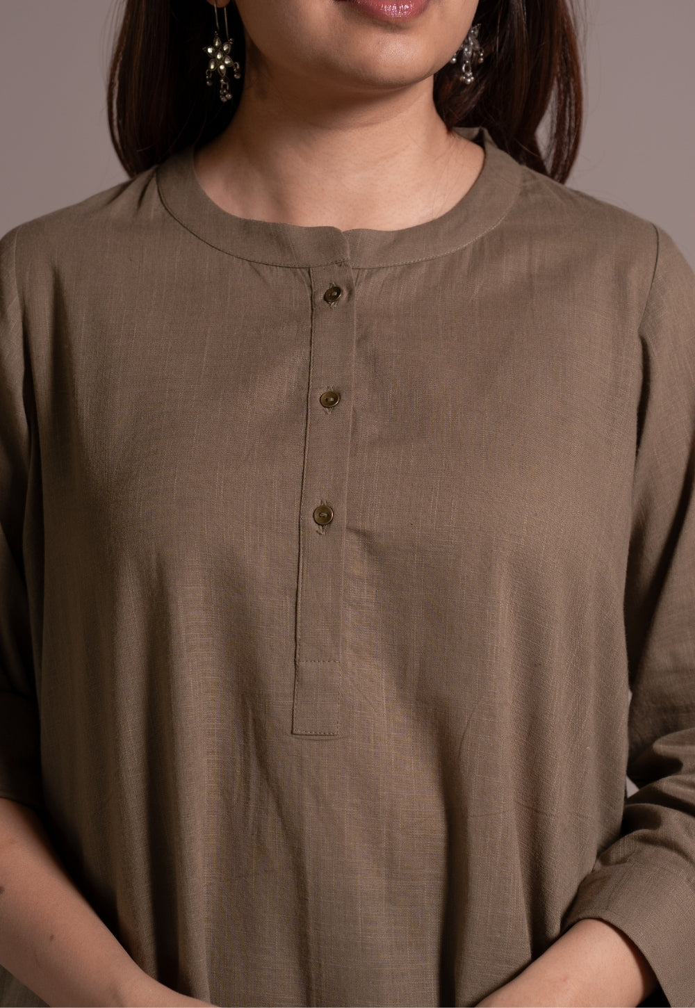 Khaki Grey Solid Slub Cotton Straight Kurta - DyeVerse