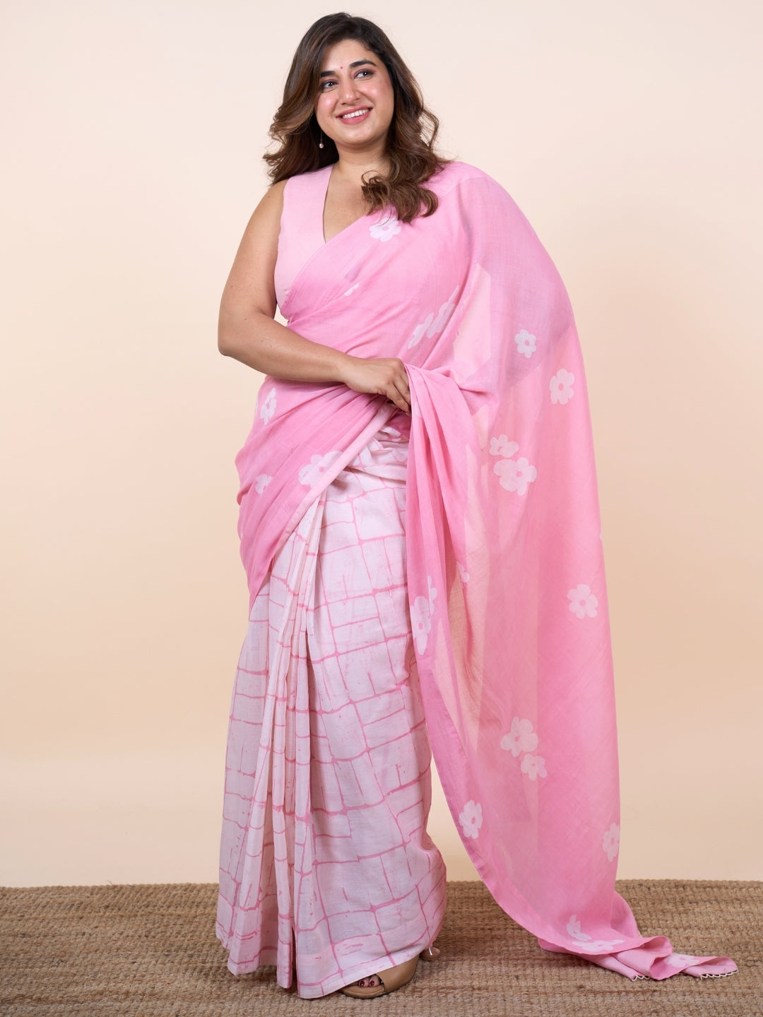 Parisa Pink Batik Hand Block Print Mul Cotton Saree with Embroidery