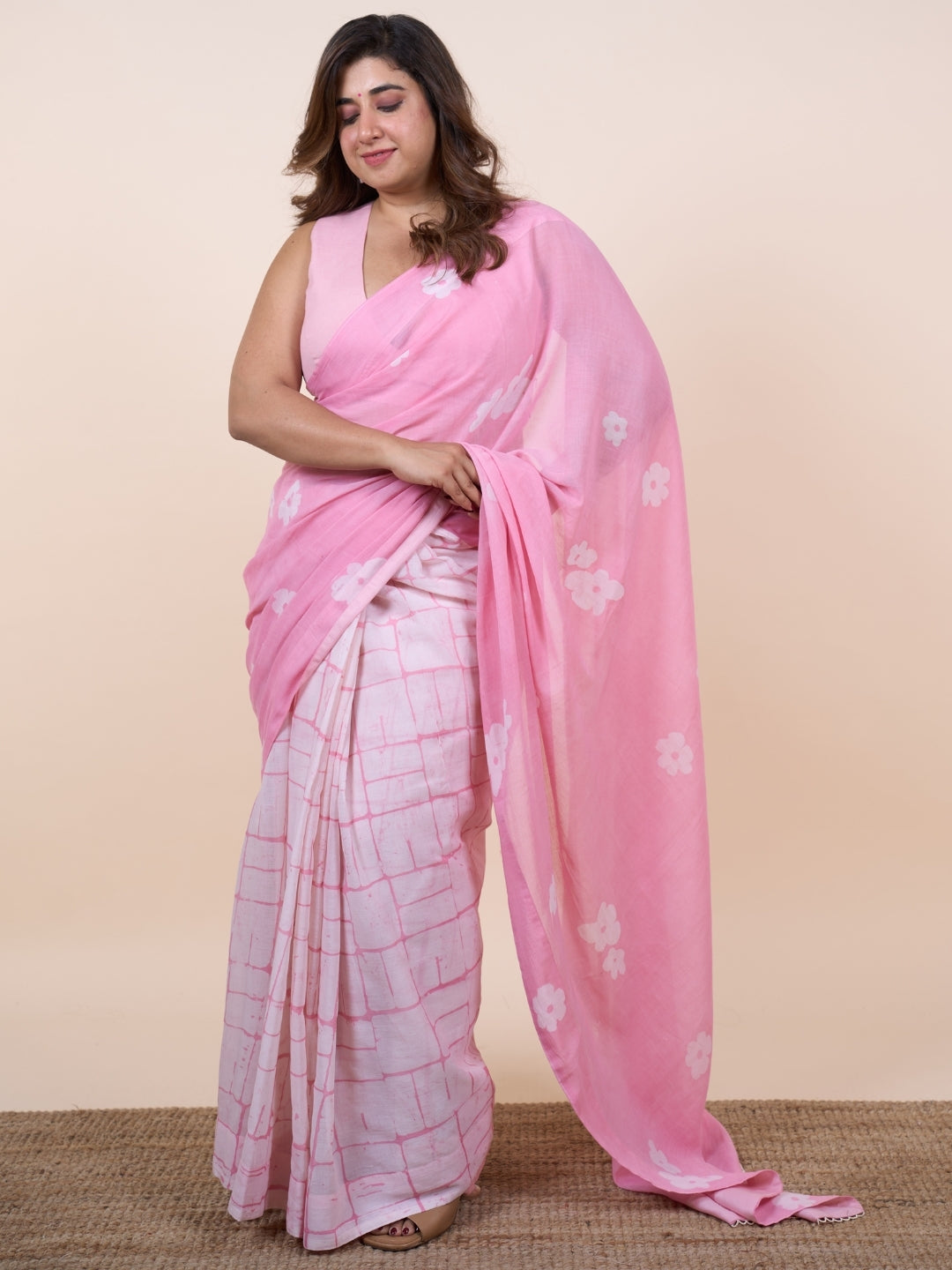Parisa Pink Batik Hand Block Print Mul Cotton Saree with Embroidery