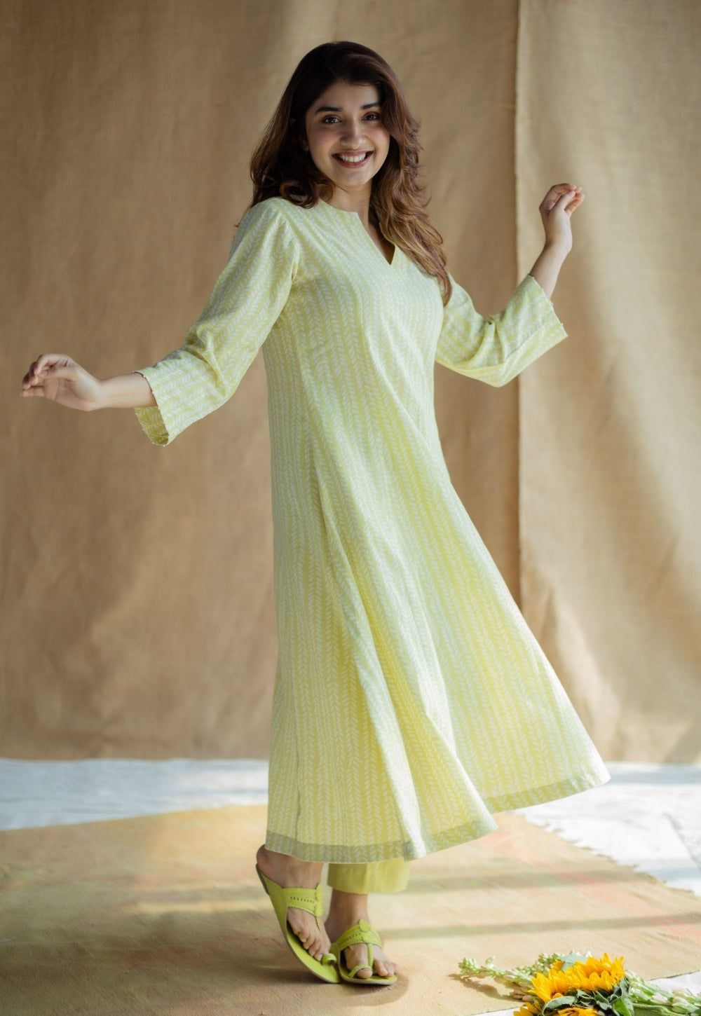 Malika Lime Green Hand Block Print Slub Cotton Kali Kurta with Hand Embroidery