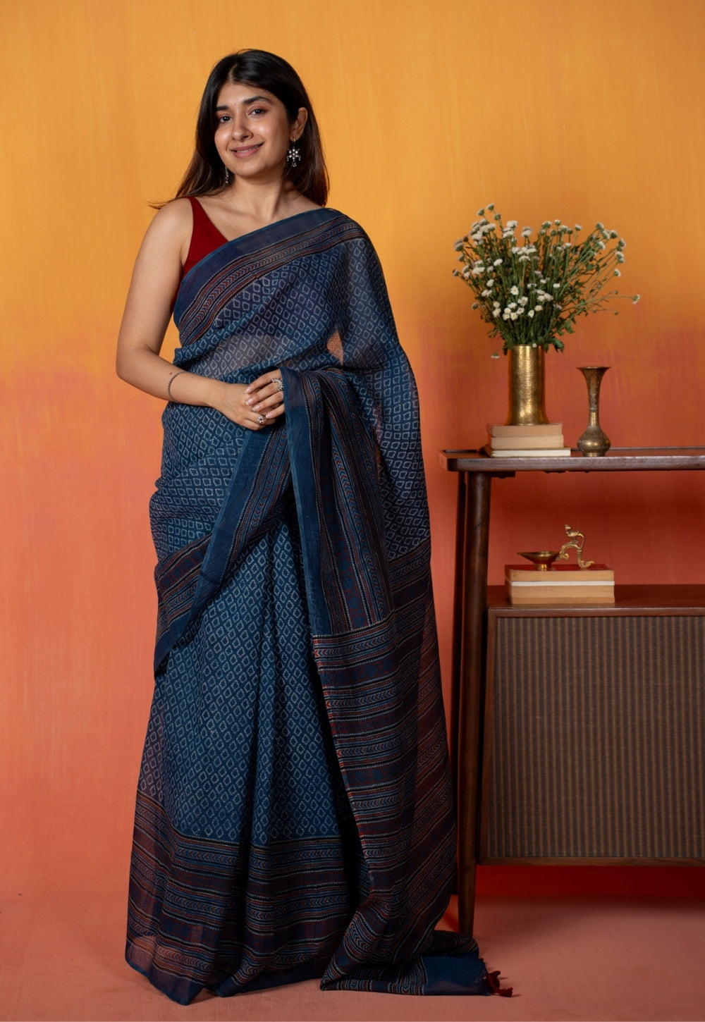 Blue Floral Border Ajrakh Hand Block Print Kota Doria Cotton Saree