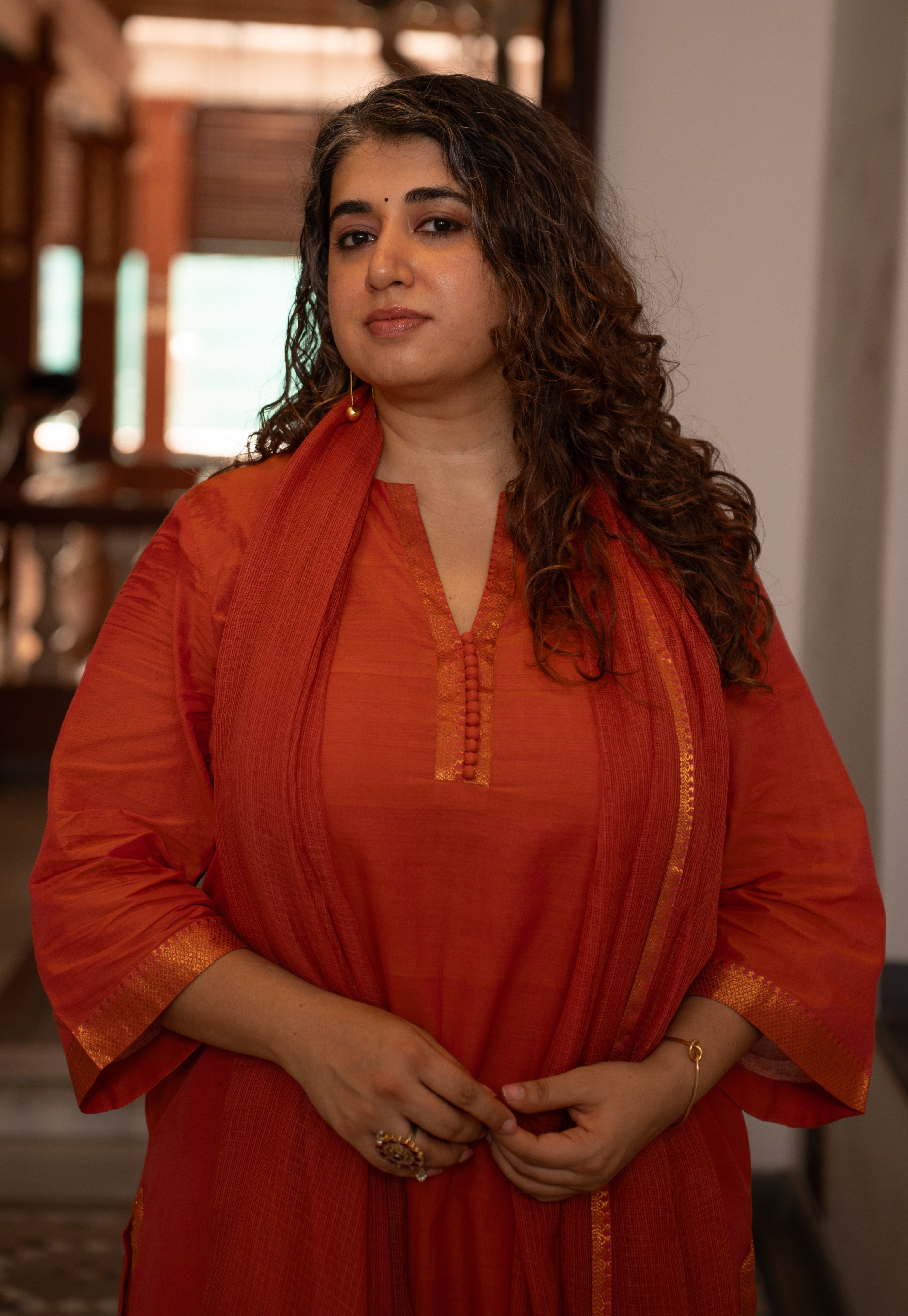 Mishka Orange Mangalgiri Cotton A Line Kurta with Nizam Border