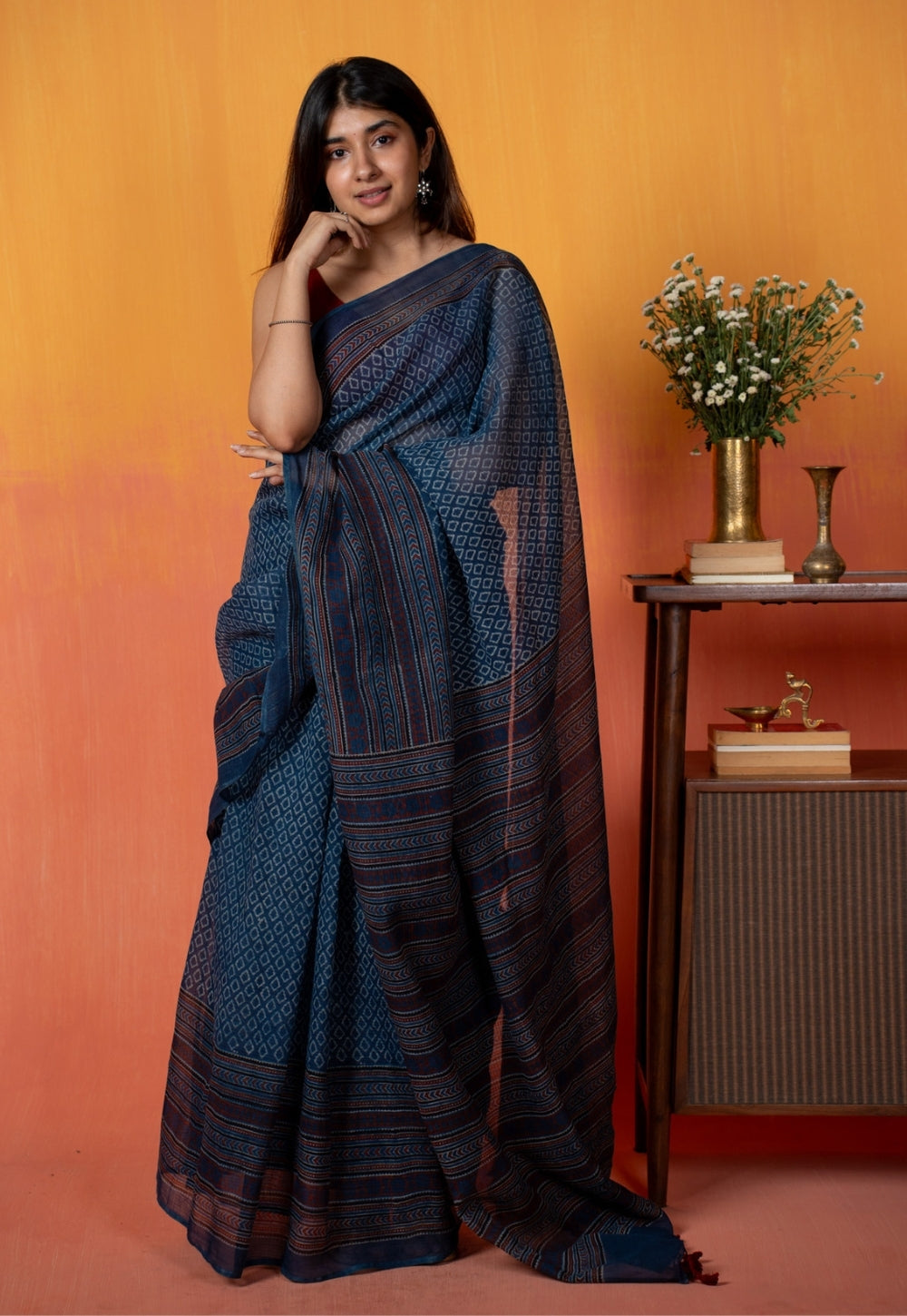 Blue Floral Border Ajrakh Hand Block Print Kota Doria Cotton Saree