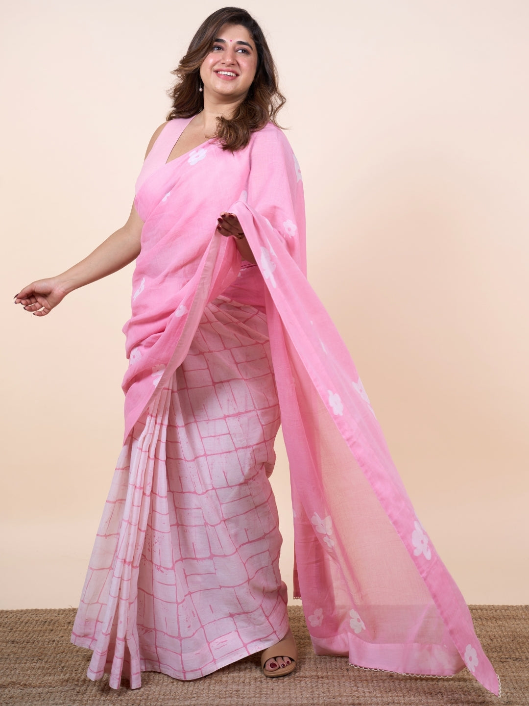 Parisa Pink Batik Hand Block Print Mul Cotton Saree with Embroidery