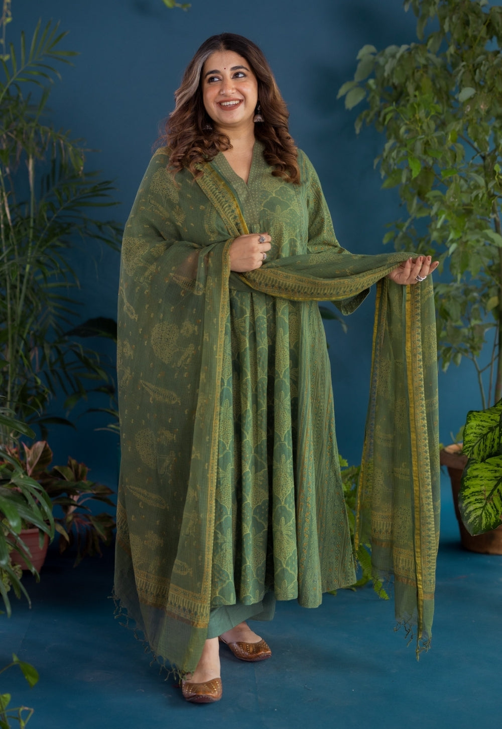 Green Traditional Ajrakh Kota Doria Cotton Dupatta
