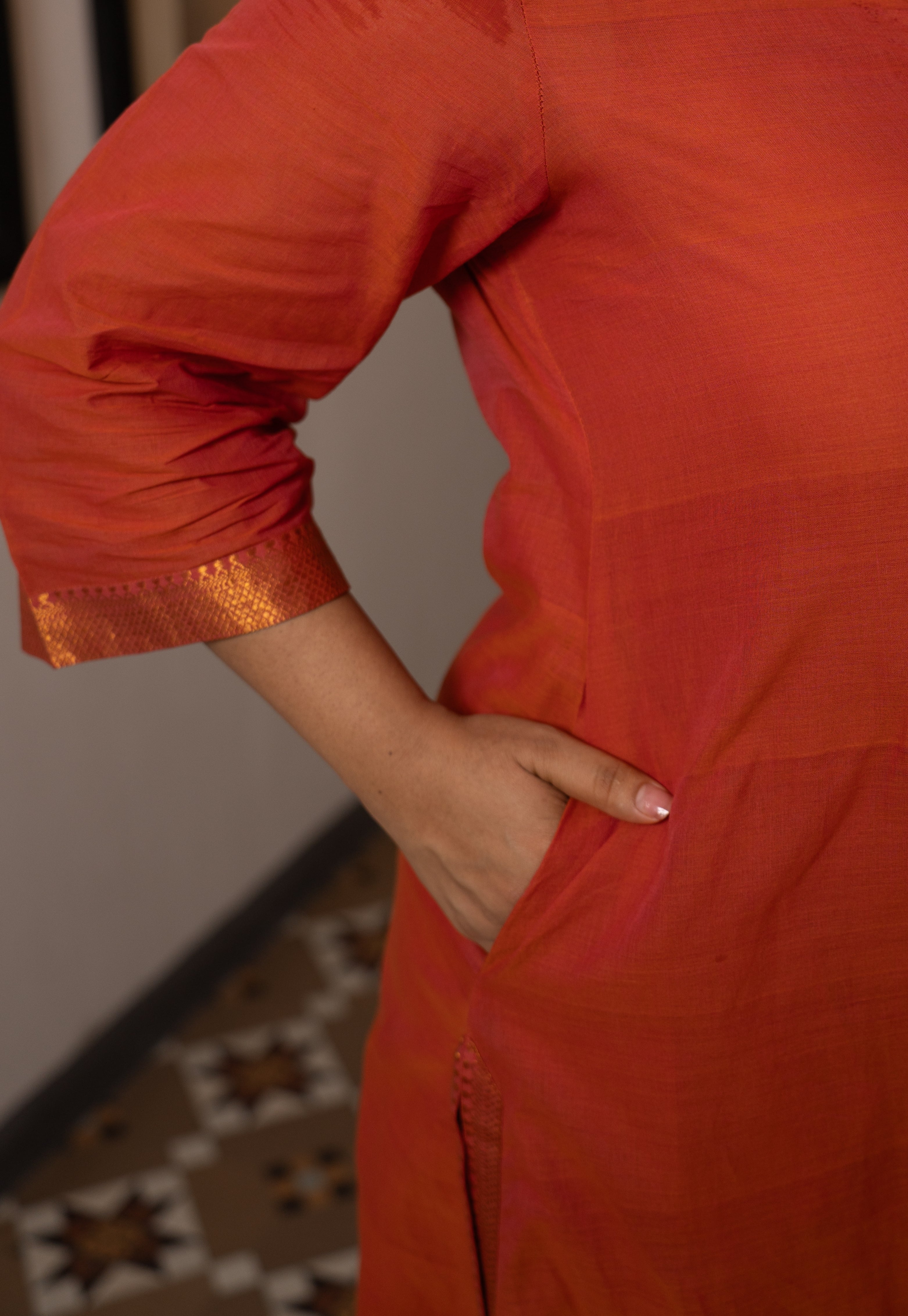 Mishka Orange Mangalgiri Cotton A Line Kurta with Nizam Border
