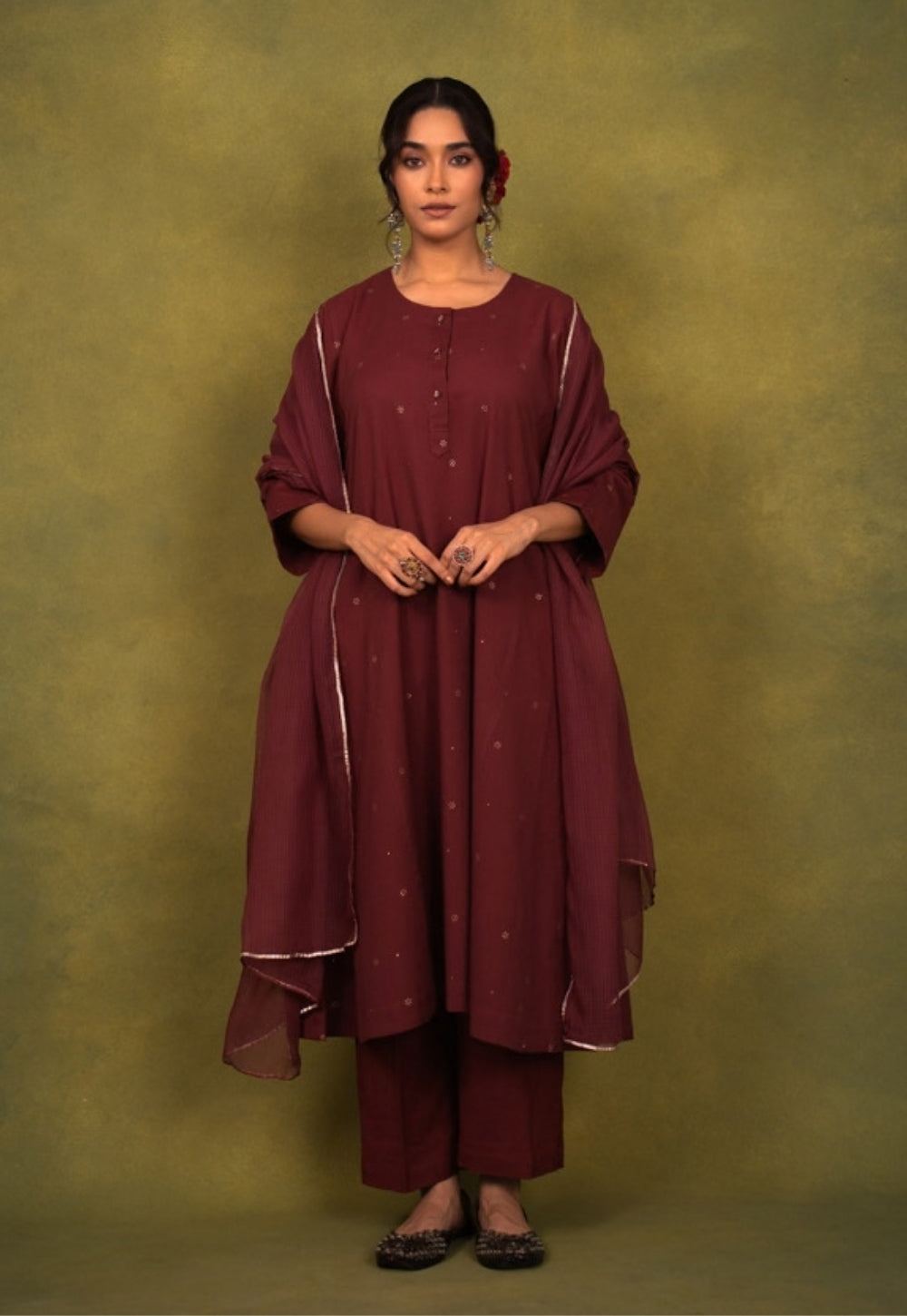Alizah Maroon Rogan Handblock Printed Cotton Jhabbha Kali Suit Set (Set of 3)