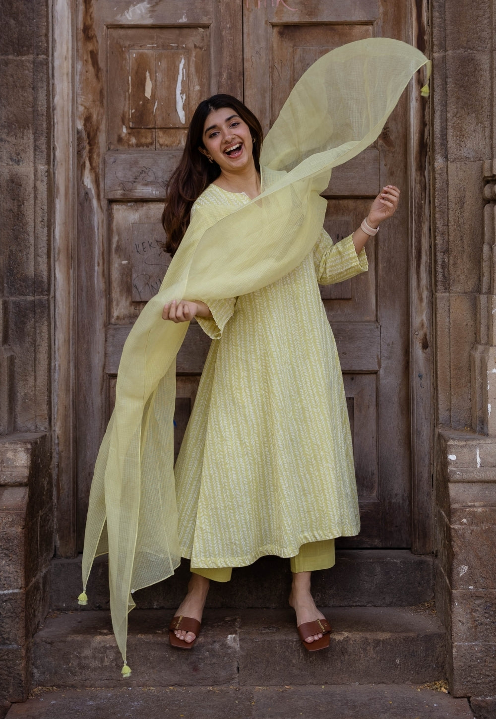 Malika Lime Green Hand Block Print Slub Cotton Kali Kurta with Hand Embroidery
