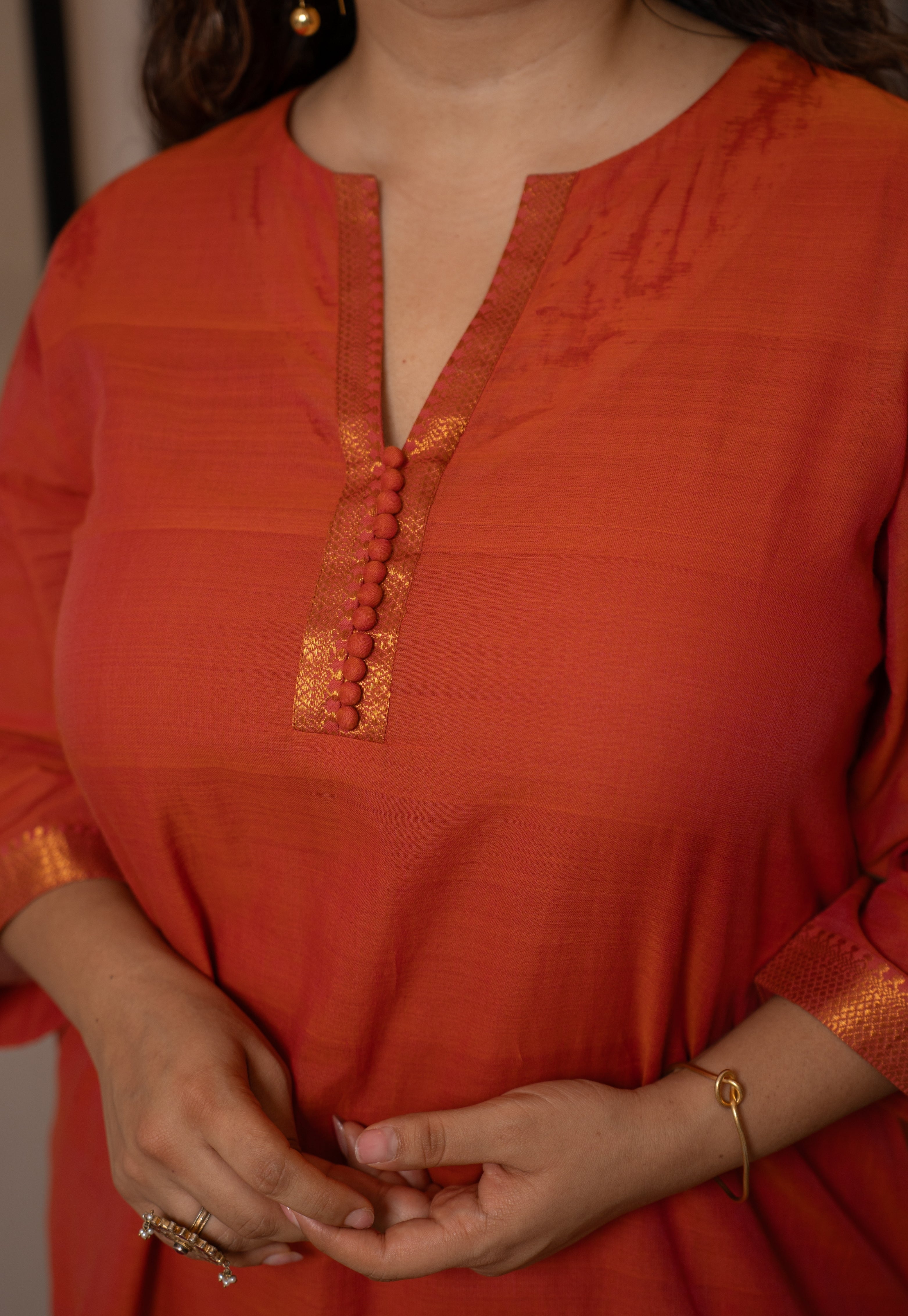 Mishka Orange Mangalgiri Cotton A Line Kurta with Nizam Border