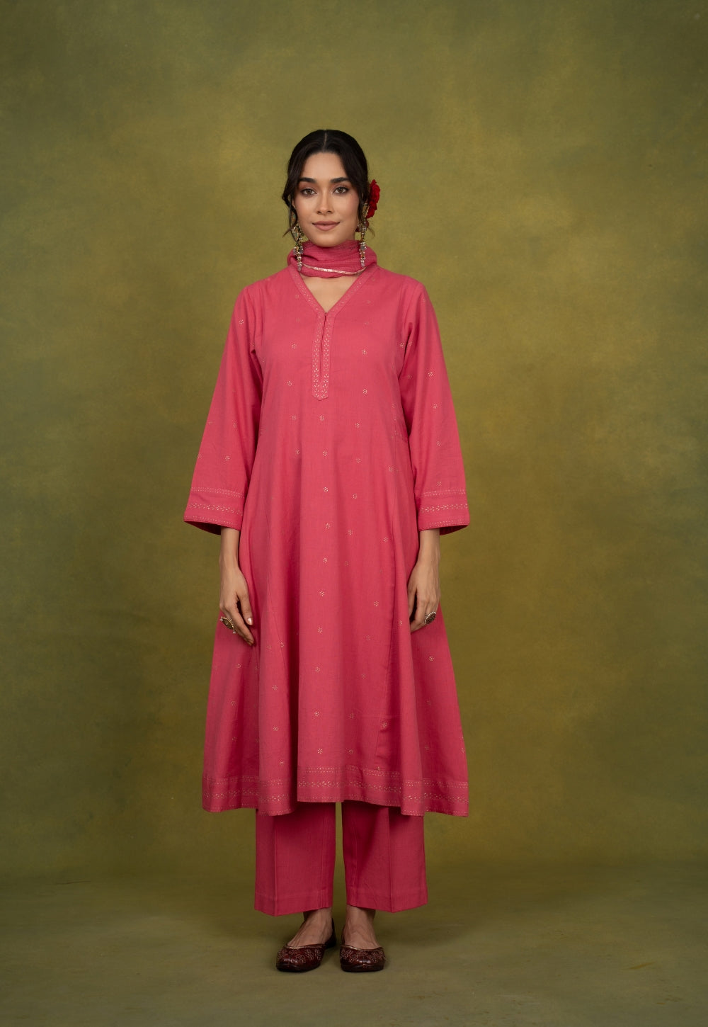 Sadia Pink Rogan Handblock Printed Cotton Kali Kurta Suit Set (Set of 3)