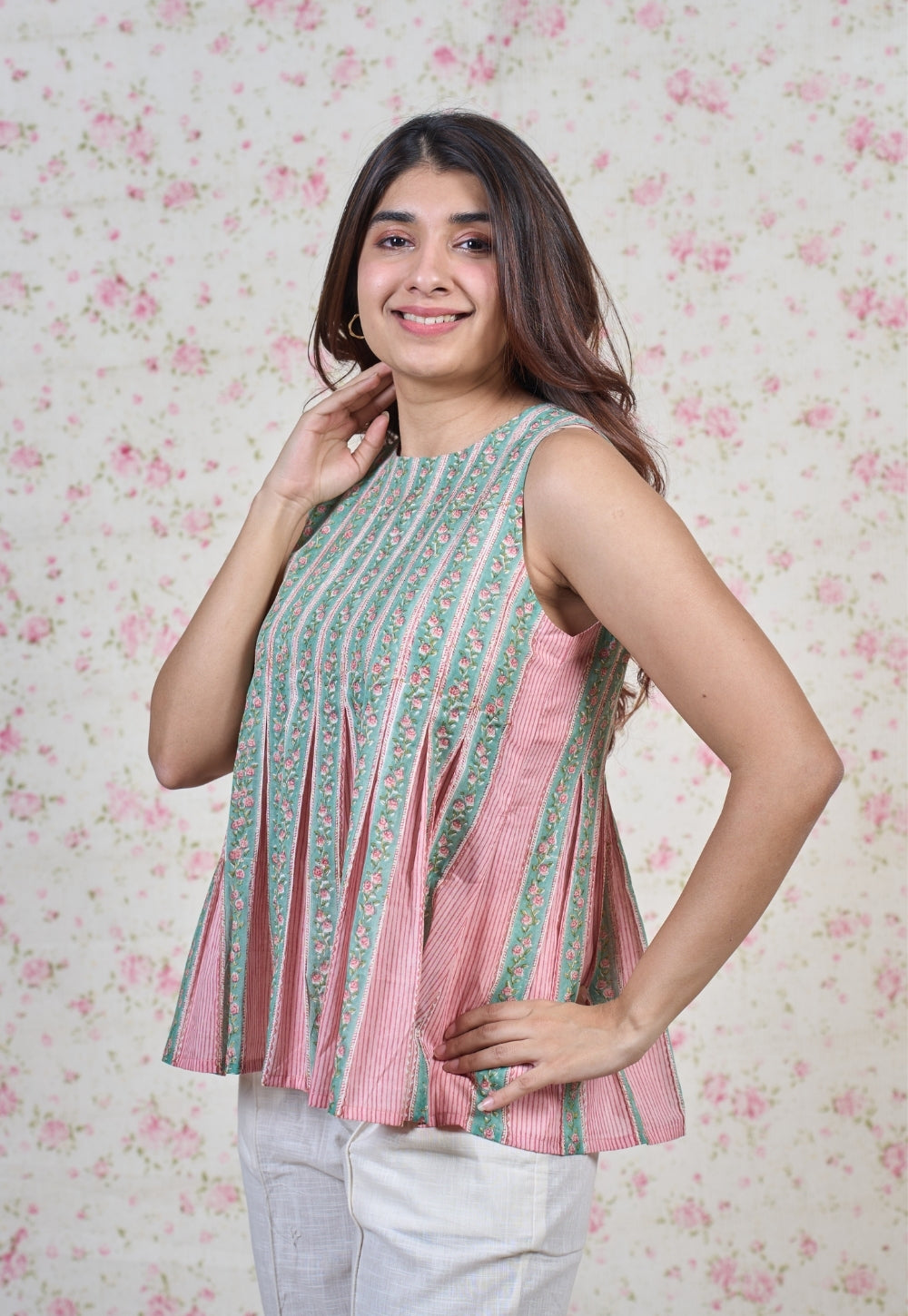 Emily Pink Sanganeri Mul Cotton A Line Short Top