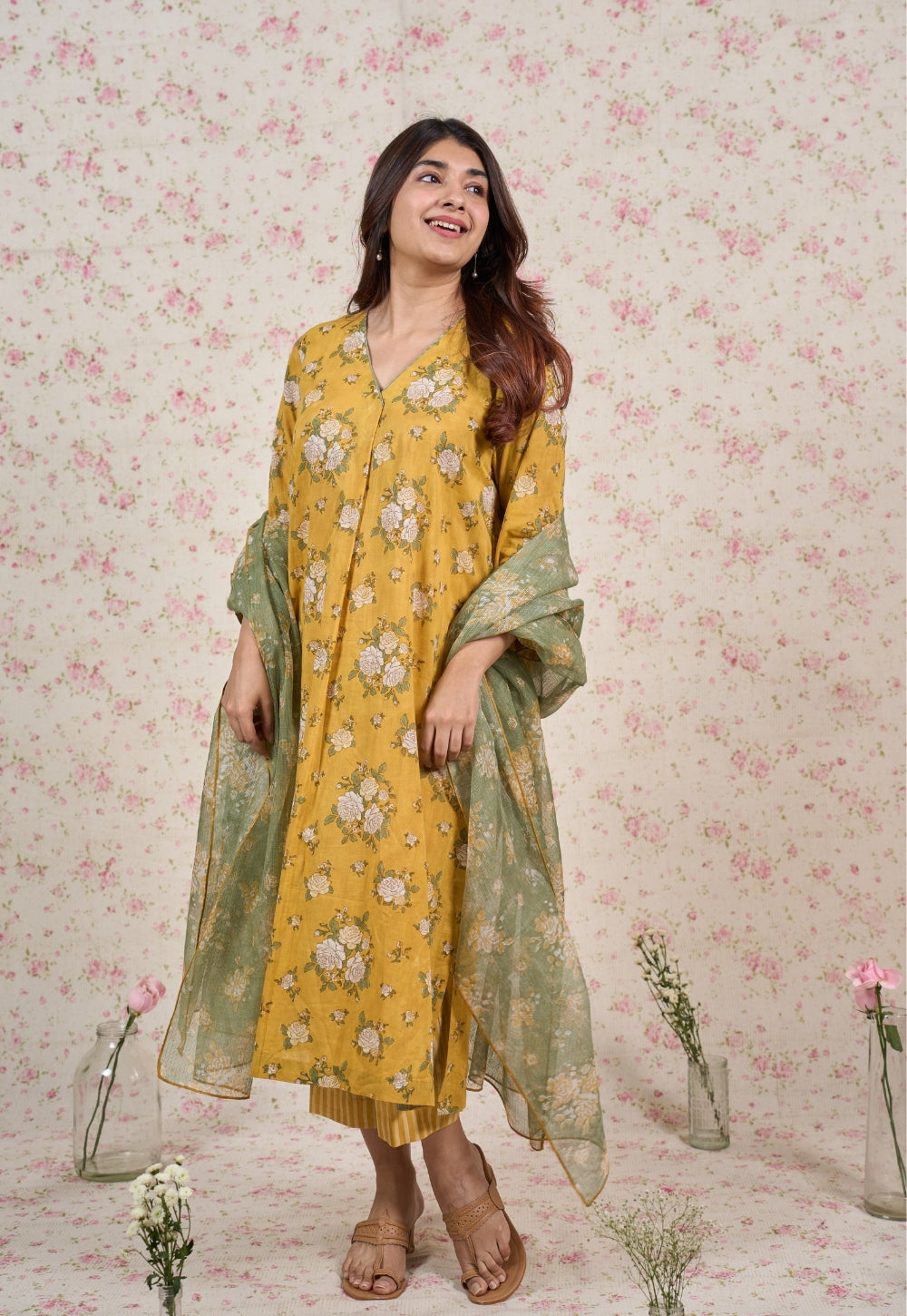 Rozin Green Sanganeri Kota Doria Cotton Dupatta