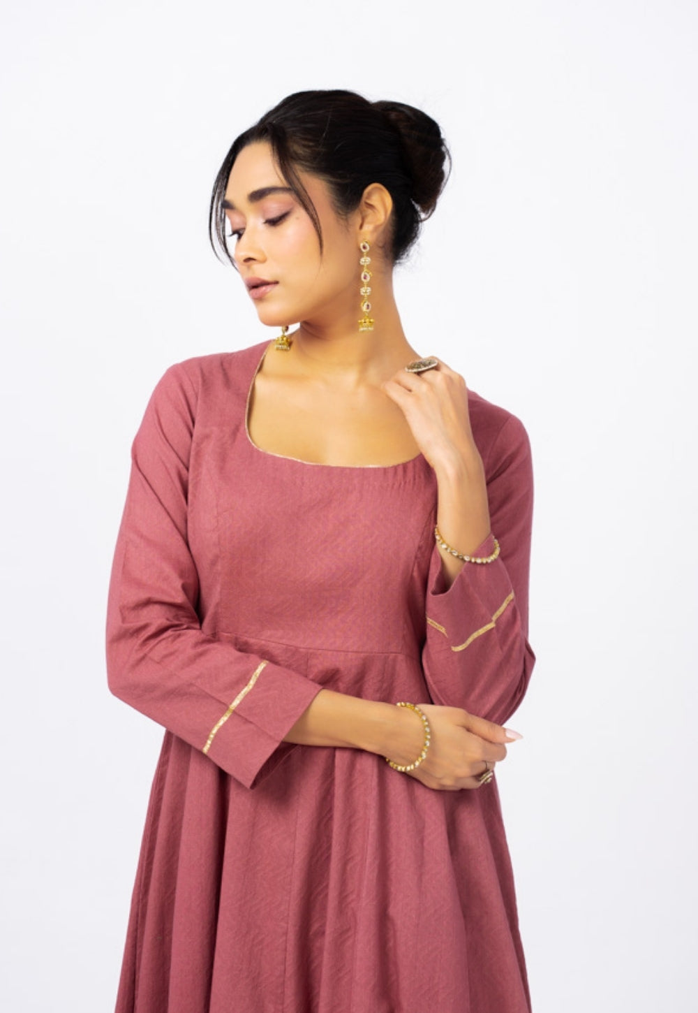 Kainat Pink Solid Cotton Kali Kurta Suit Set with Printed Dupatta (Set of 3)