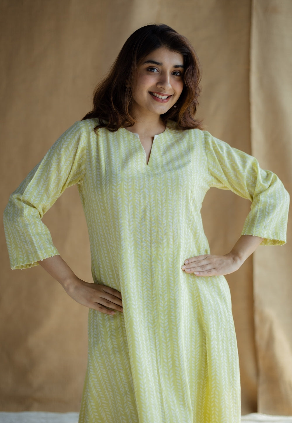 Malika Lime Green Hand Block Print Slub Cotton Kali Kurta with Hand Embroidery