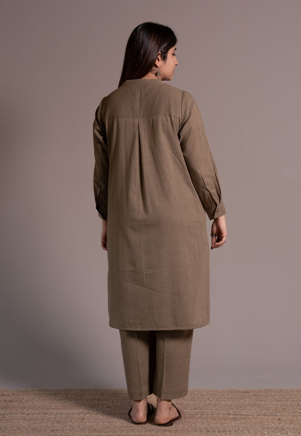 Khaki Grey Solid Slub Cotton Straight Kurta - DyeVerse