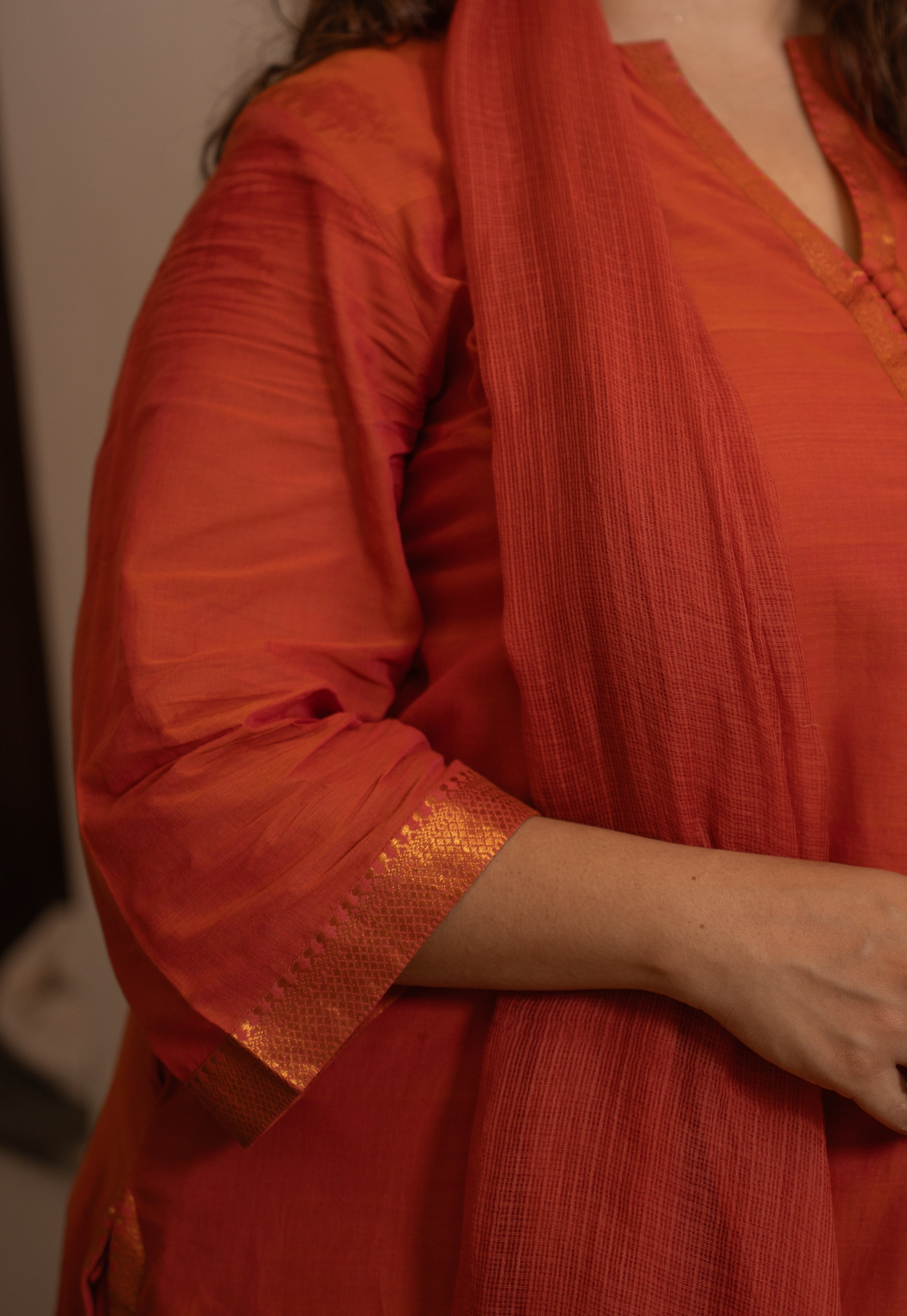 Mishka Orange Mangalgiri Cotton A Line Kurta with Nizam Border