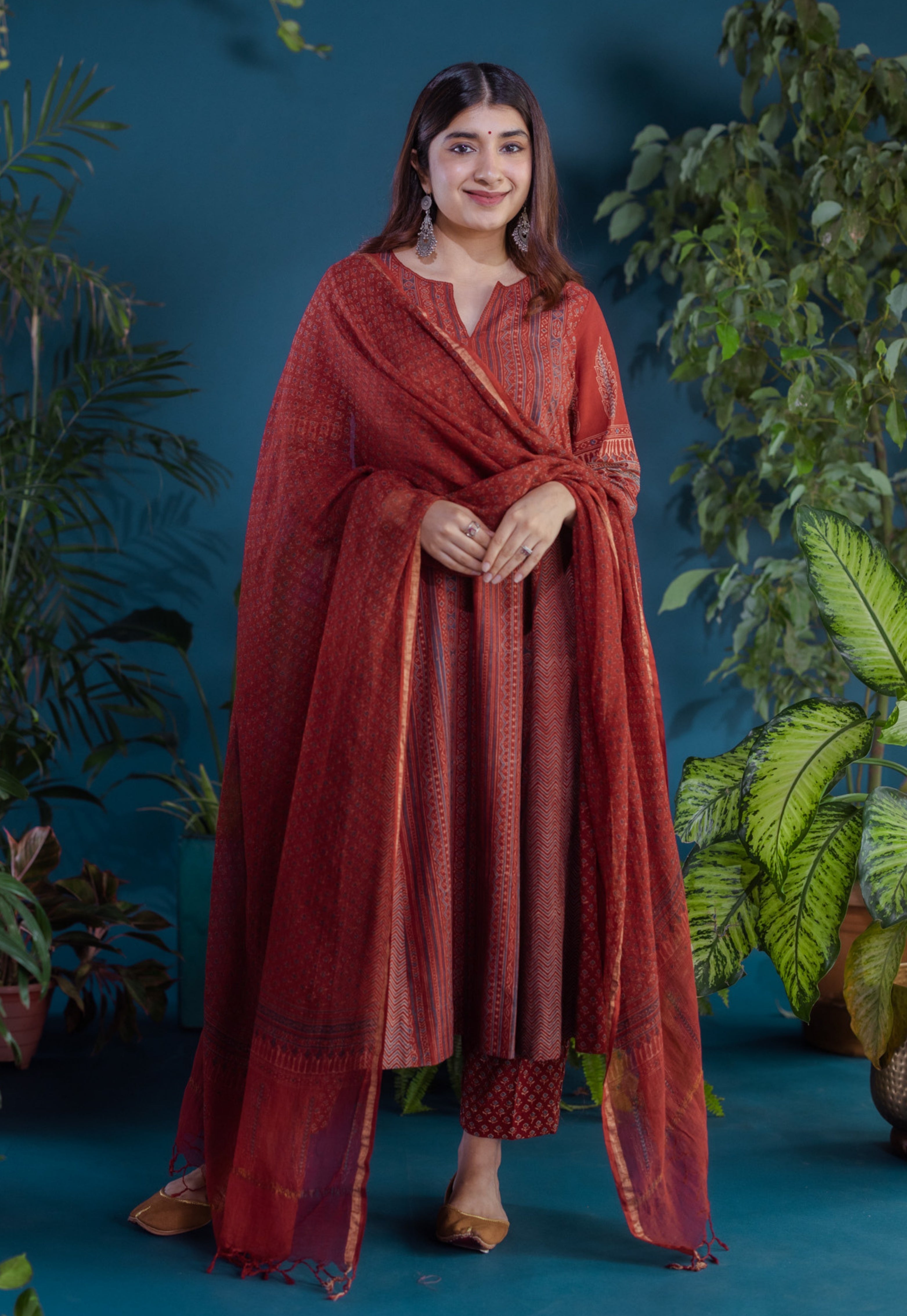 Red Butti Ajrakh Kota Doria Cotton Dupatta