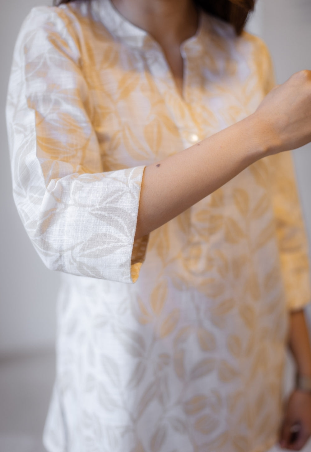 Zinia Beige Hand Block Print Slub Cotton Straight Short Top