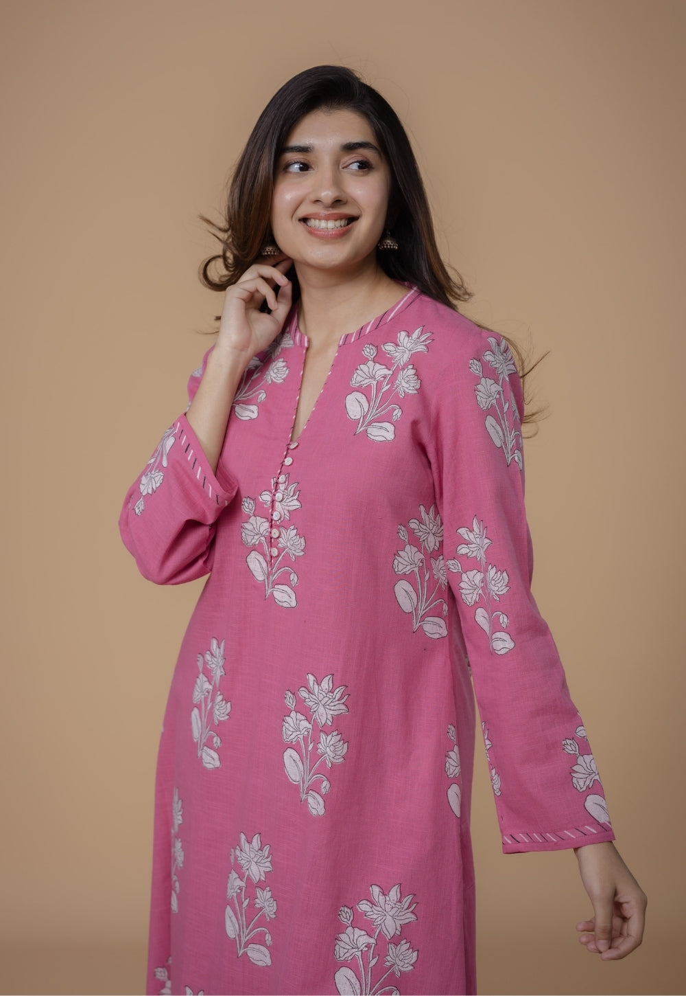 Eshika Pink Dabu Slub Cotton A Line Kurta Set (Set of 2)