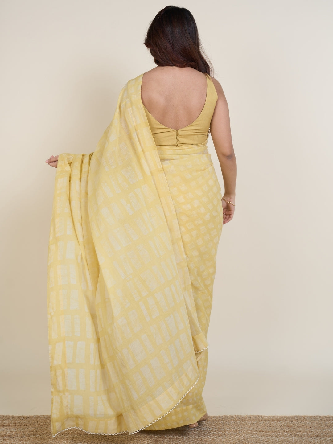 Ramisha Yellow Batik Hand Block Print Mul Cotton Saree with Embroidery