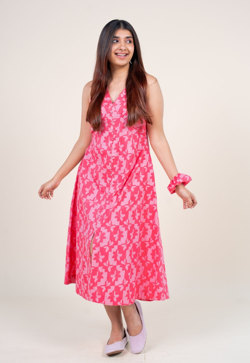 Riva Bright Pink Printed Cotton A Line Dress