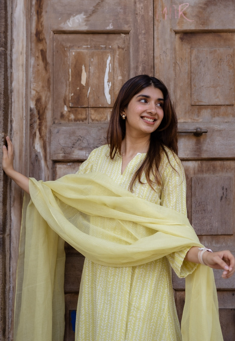 Malika Lime Green Hand Block Print Slub Cotton Kali Kurta with Hand Embroidery