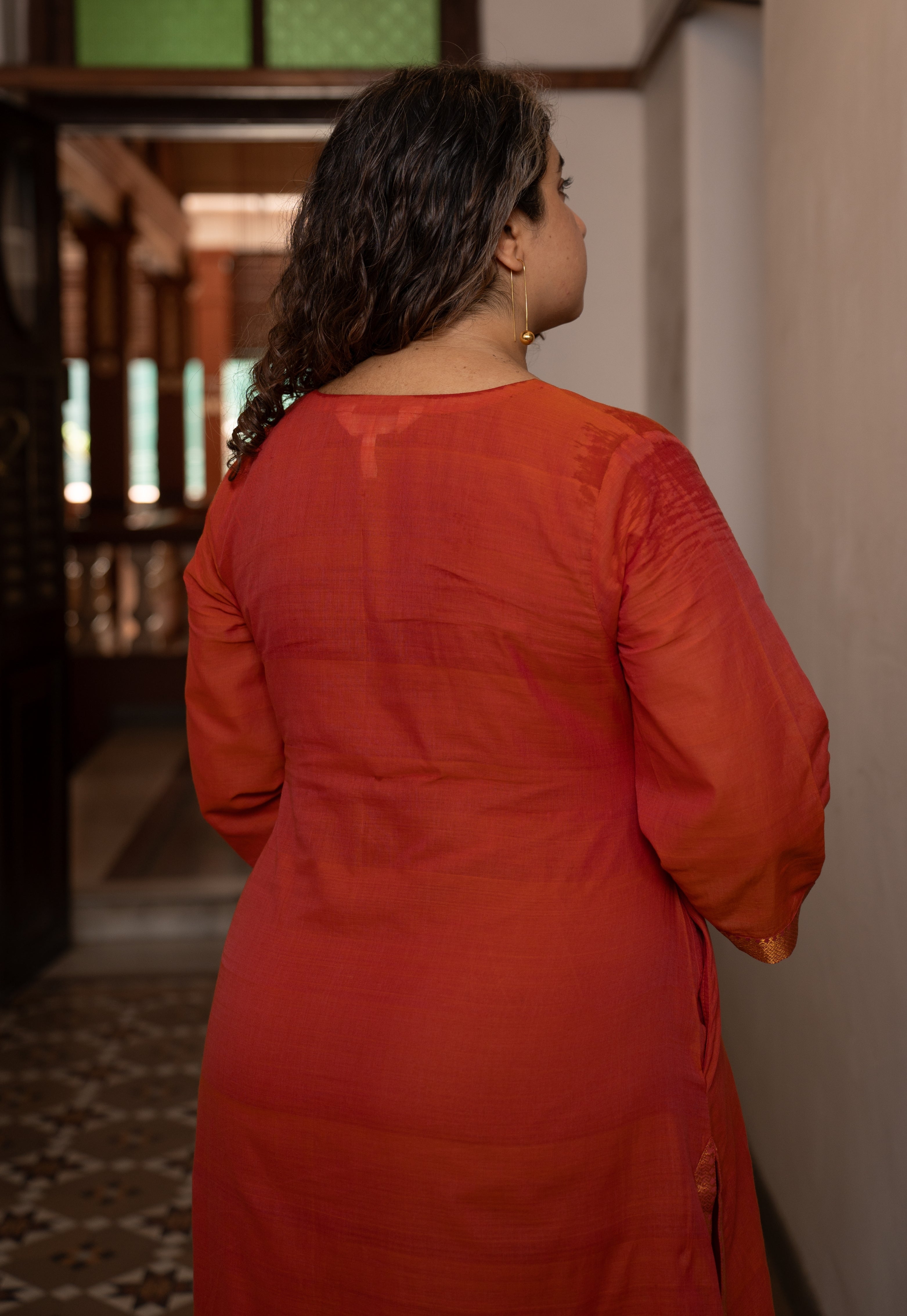 Mishka Orange Mangalgiri Cotton A Line Kurta with Nizam Border