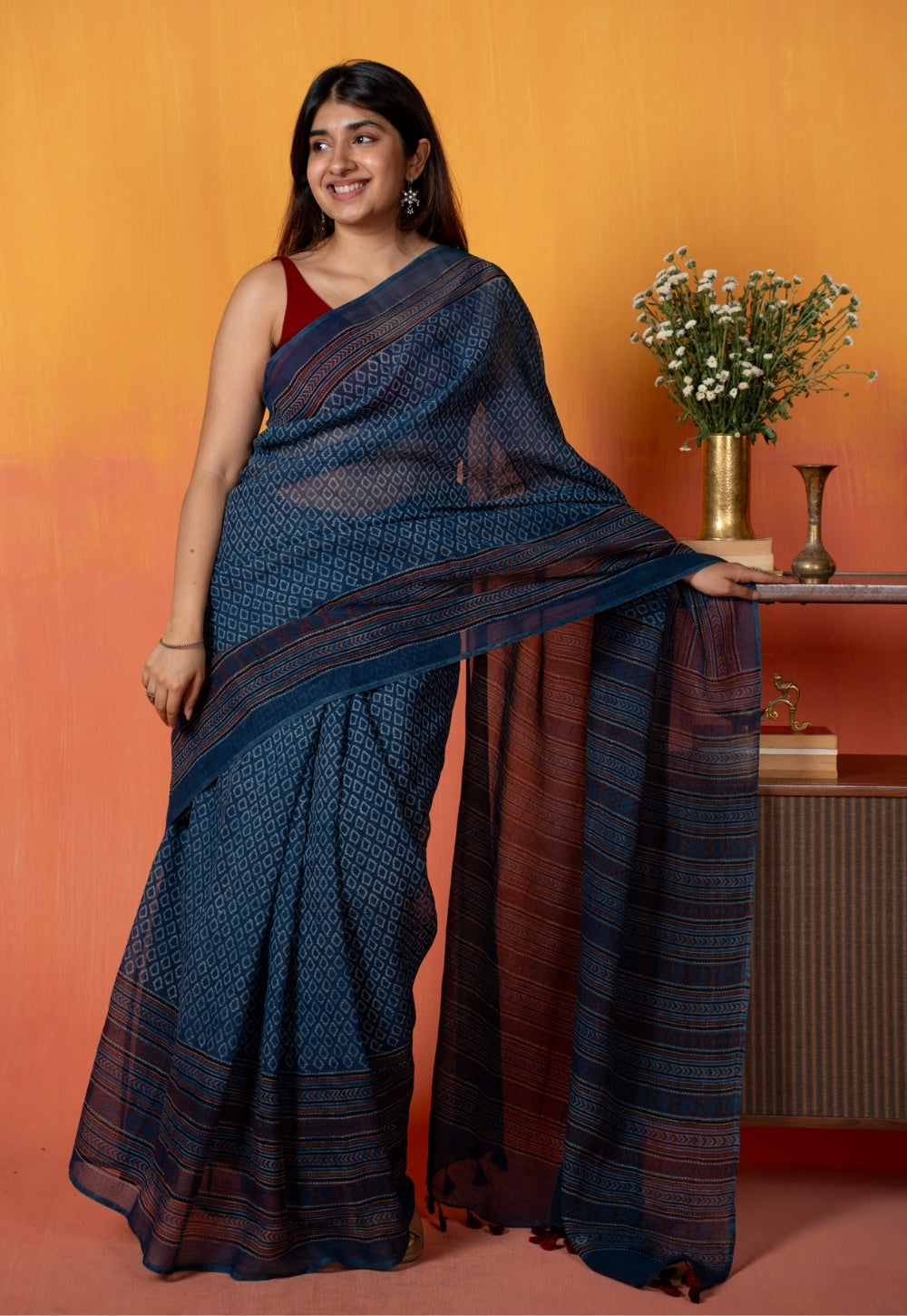 Blue Floral Border Ajrakh Hand Block Print Kota Doria Cotton Saree