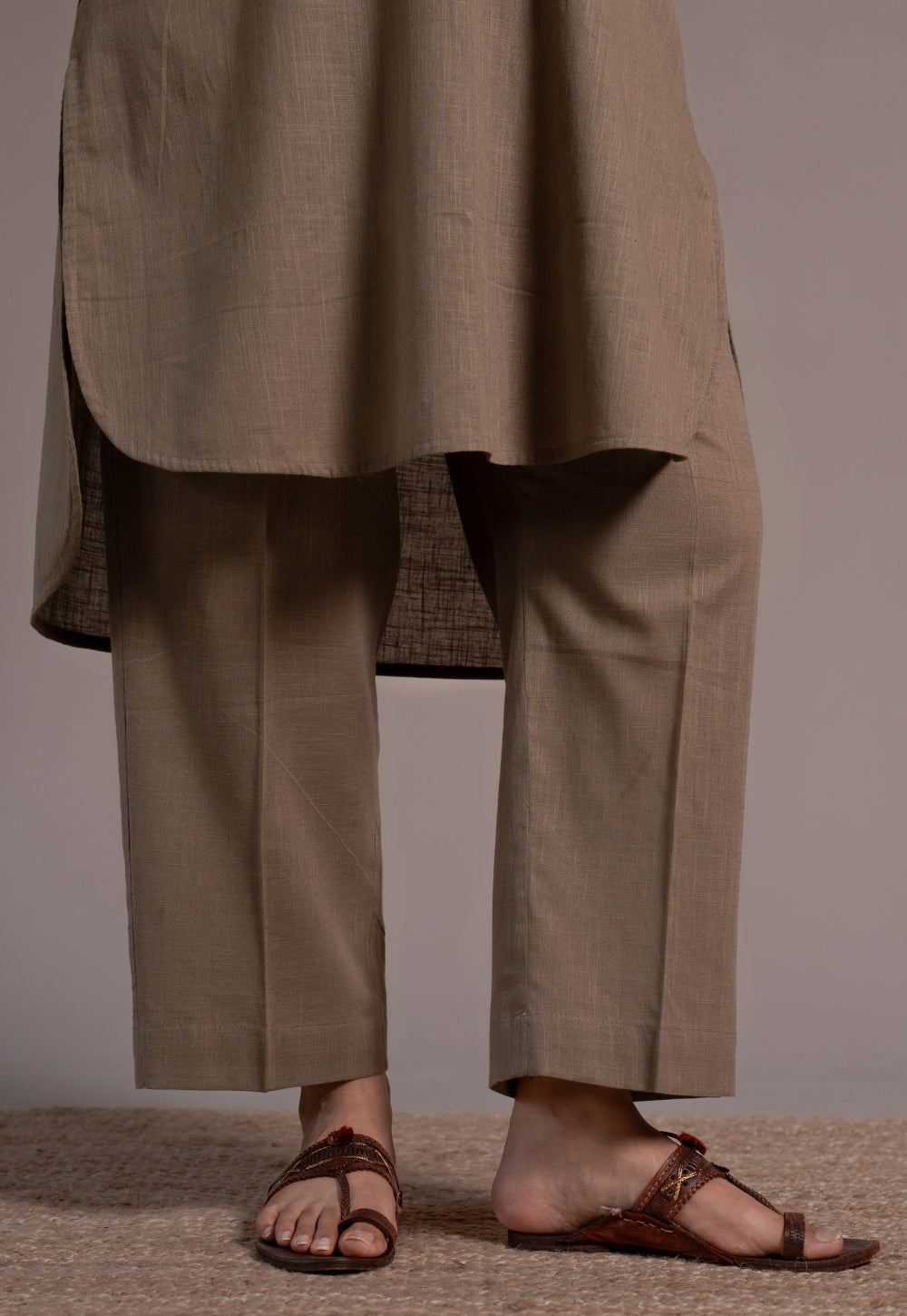 Khaki Grey Solid Slub Cotton Straight Pant- DyeVerse