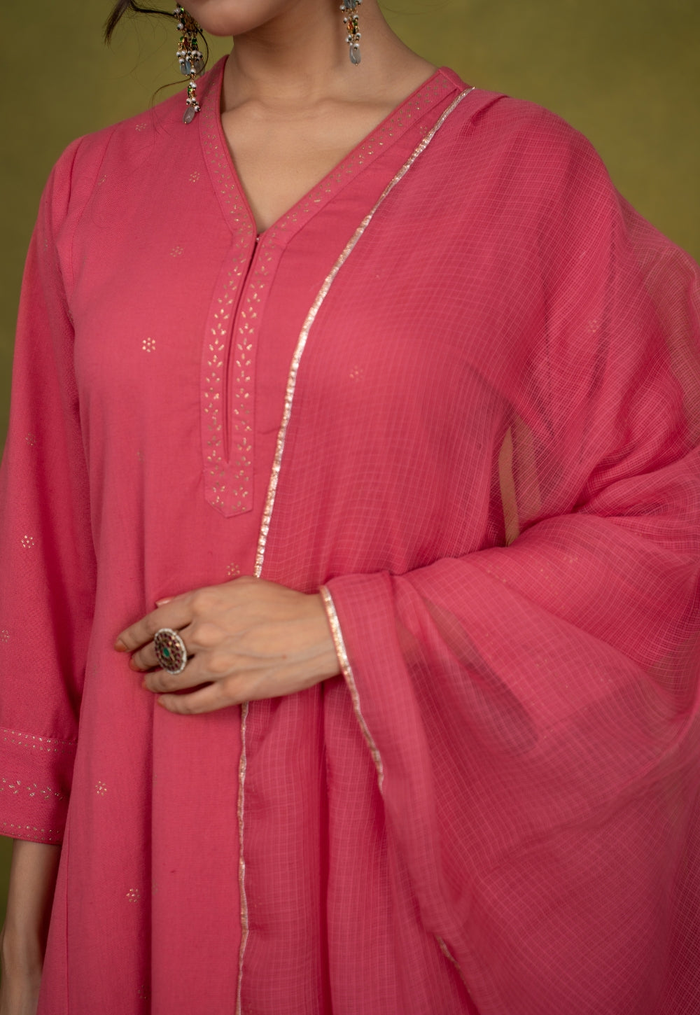 Sadia Pink Rogan Handblock Printed Cotton Kali Kurta Suit Set (Set of 3)