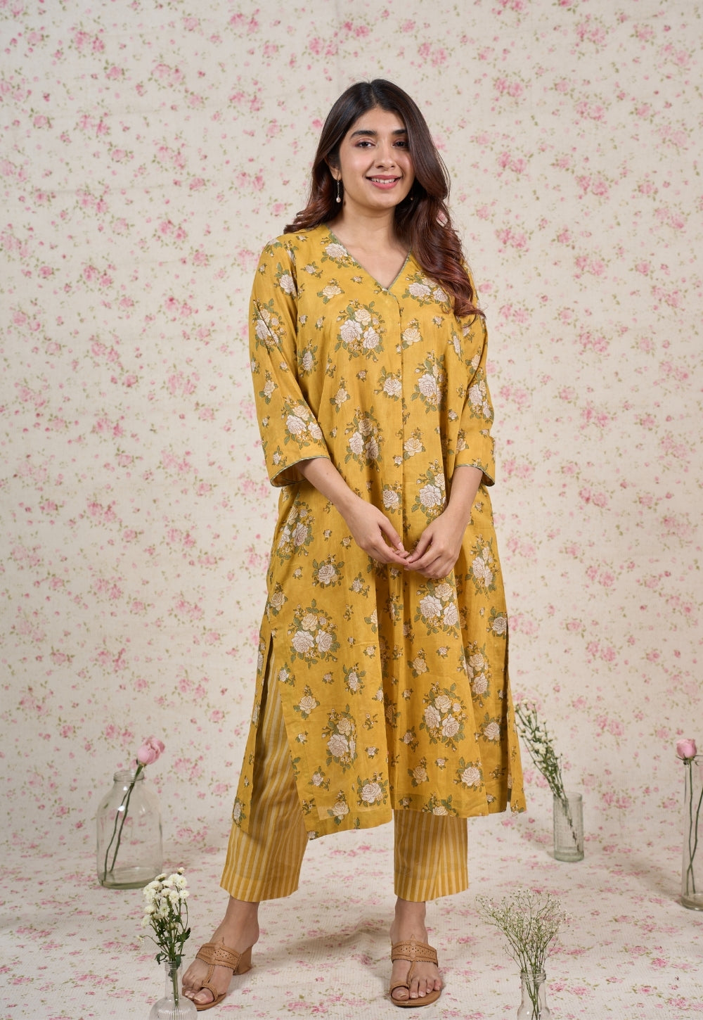 Hazel Yellow Sanganeri Mul Cotton Straight Kurta