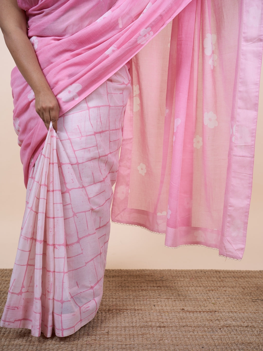 Parisa Pink Batik Hand Block Print Mul Cotton Saree with Embroidery
