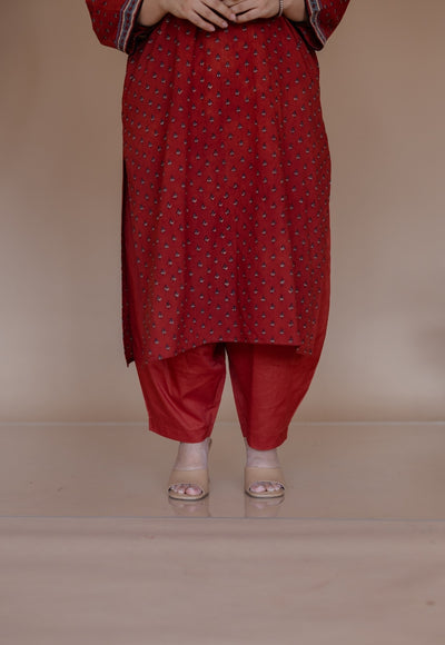 Tarin Red Solid Slub Cotton Afghan Pant