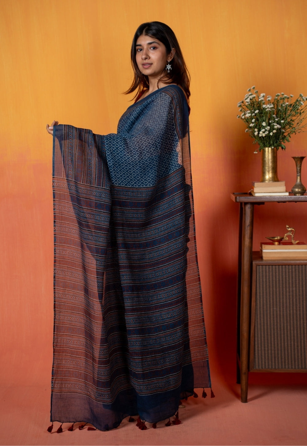Blue Floral Border Ajrakh Hand Block Print Kota Doria Cotton Saree