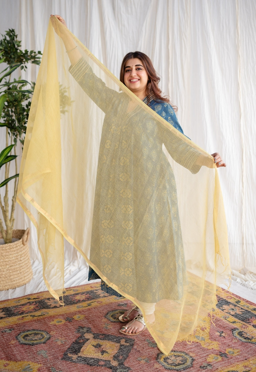 Lemon Yellow Kota Doria Cotton Dupatta
