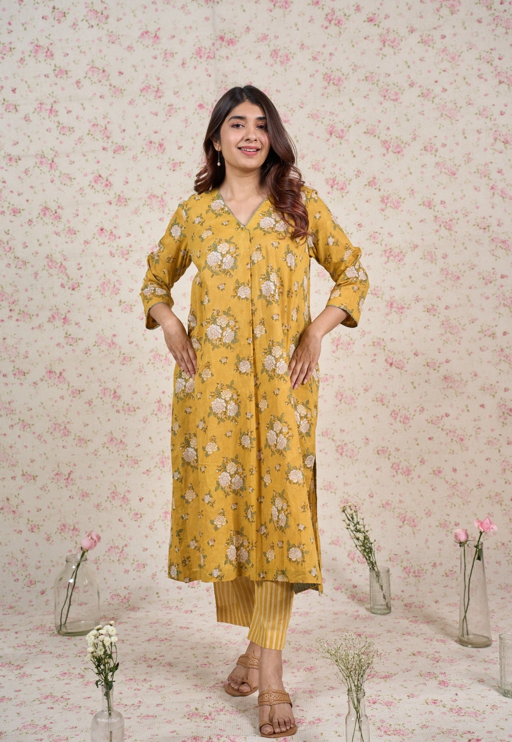 Hazel Yellow Sanganeri Mul Cotton Straight Kurta