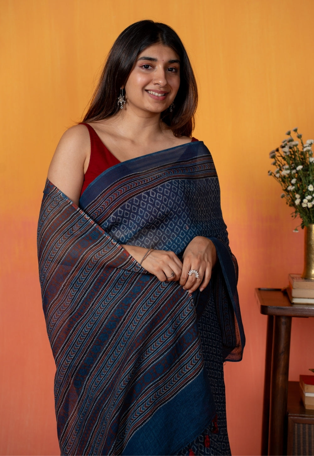 Blue Floral Border Ajrakh Hand Block Print Kota Doria Cotton Saree