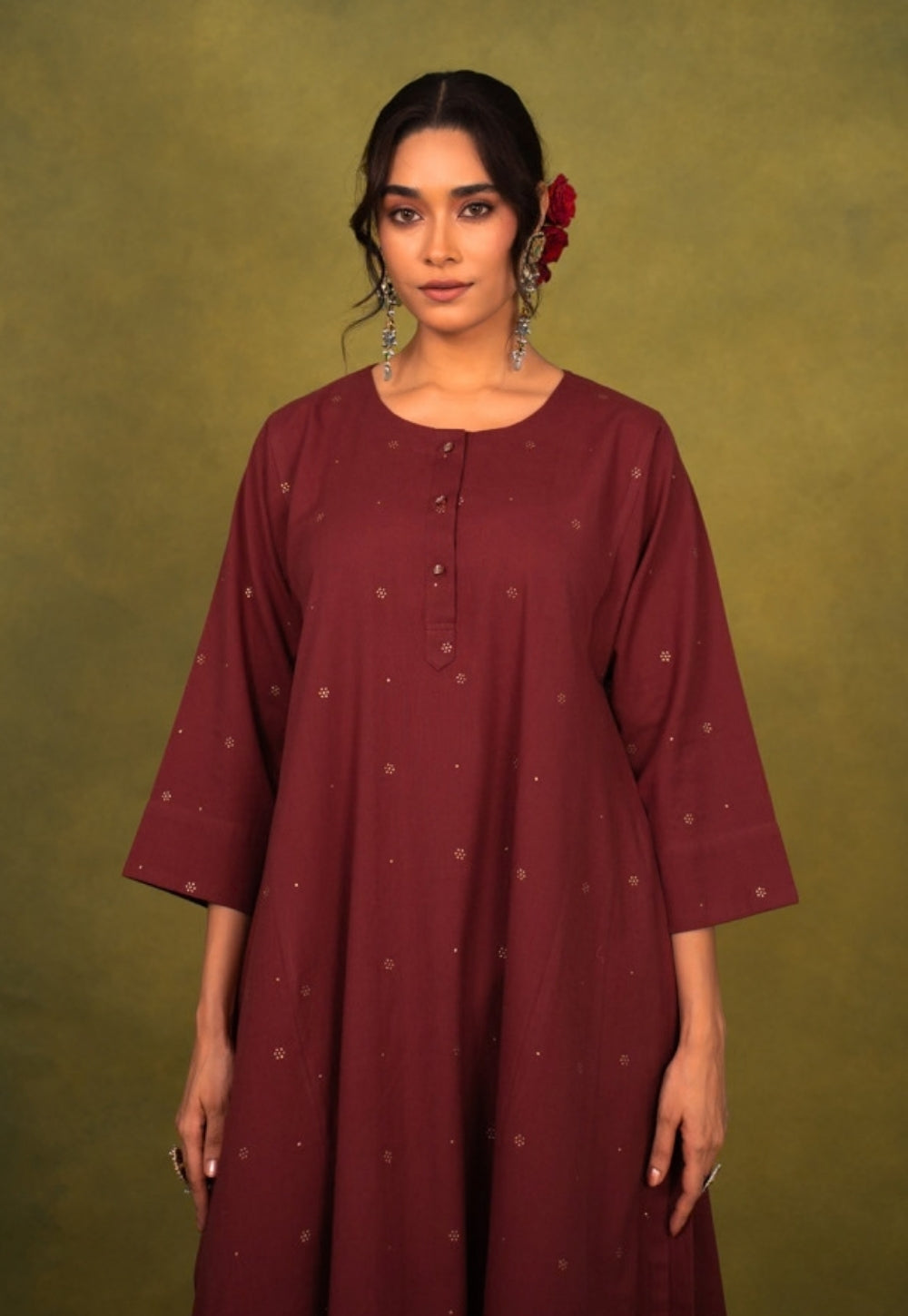Alizah Maroon Rogan Handblock Printed Cotton Jhabbha Kali Suit Set (Set of 3)