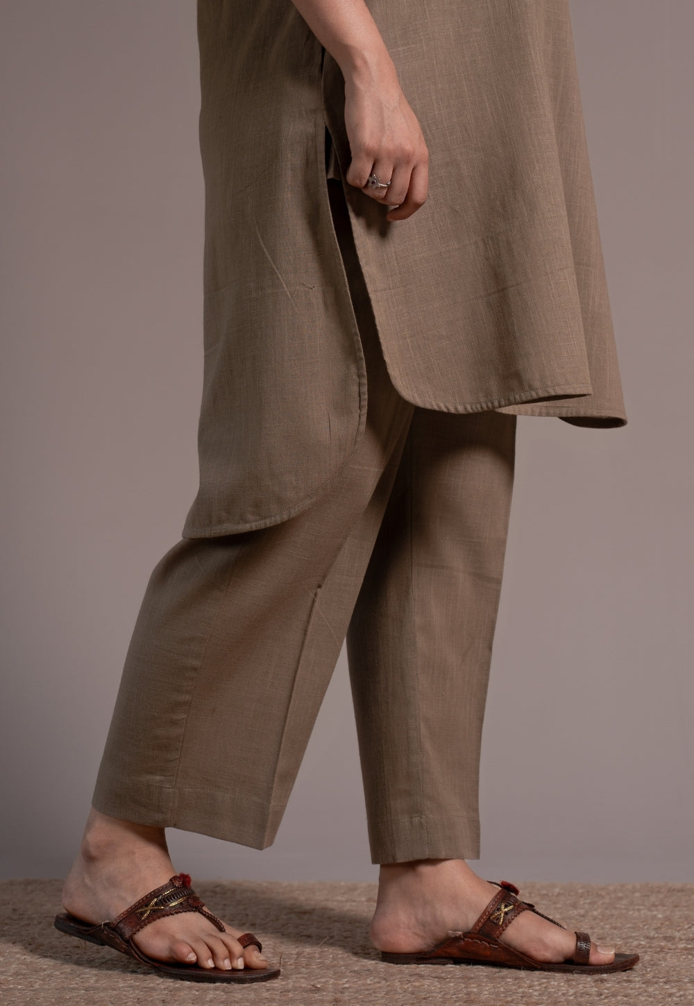 Khaki Grey Solid Slub Cotton Co-Ord Set - DyeVerse