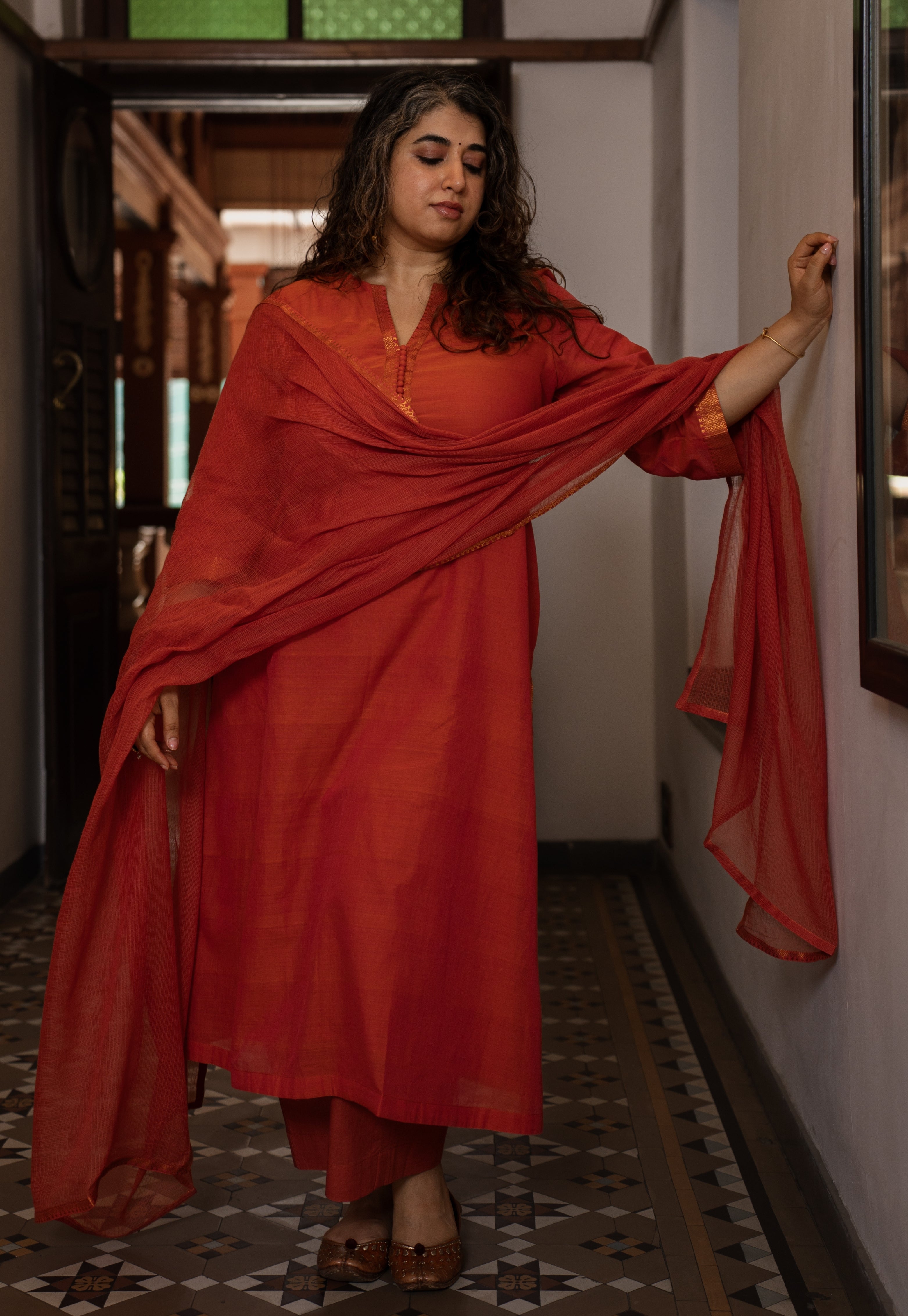 Orange Solid Kota Doria Cotton Dupatta with Mangalgiri Border