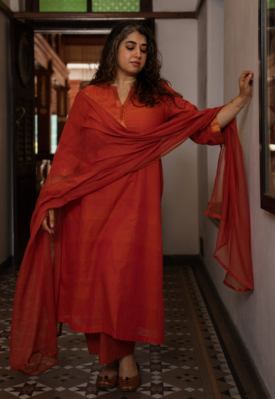 Orange Solid Kota Doria Cotton Dupatta with Mangalgiri Border