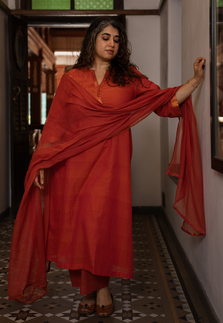 Orange Solid Kota Doria Cotton Dupatta with Mangalgiri Border