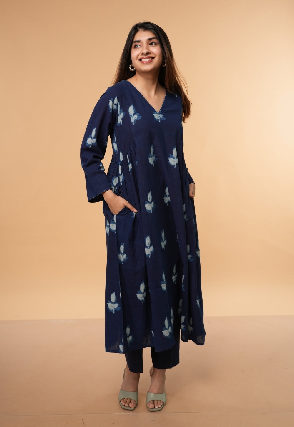 Inayra Blue Dabu Slub Cotton Kali Kurta