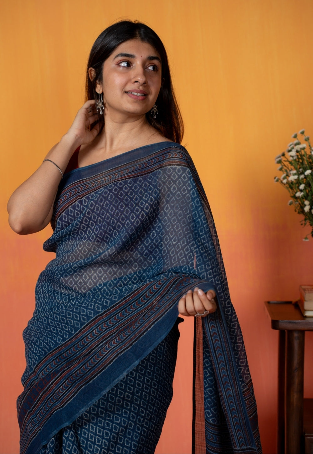Blue Floral Border Ajrakh Hand Block Print Kota Doria Cotton Saree