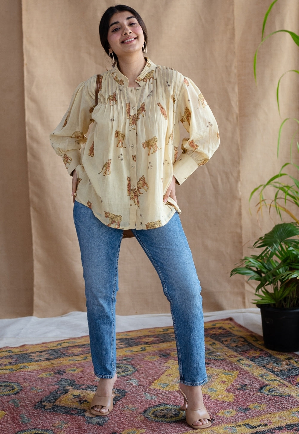 Kanha Bagh Ajrakh MulMul Light Yellow Cotton Top