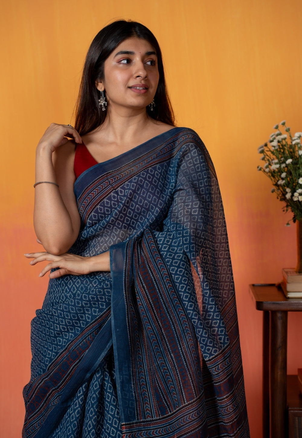 Blue Floral Border Ajrakh Hand Block Print Kota Doria Cotton Saree