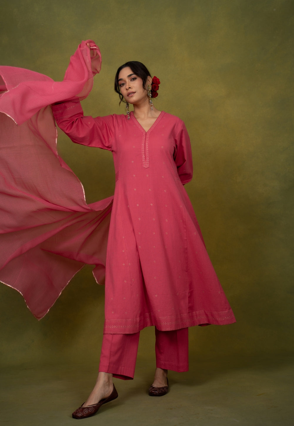 Sadia Pink Rogan Handblock Printed Cotton Kali Kurta Suit Set (Set of 3)