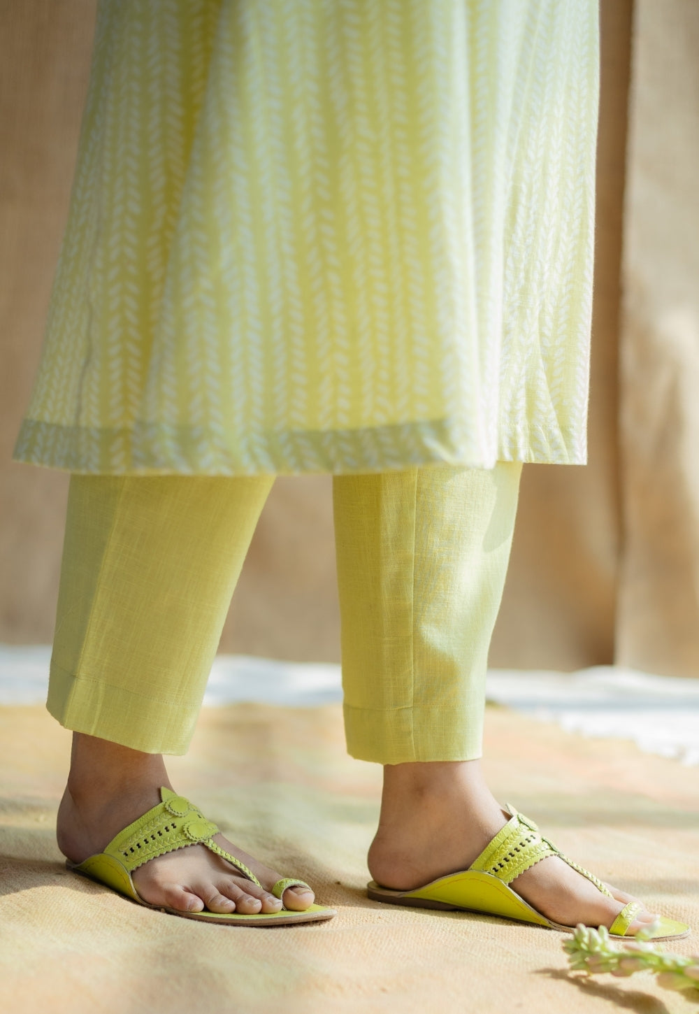 Malika Lime Green Hand Block Print Slub Cotton Kali Kurta with Hand Embroidery