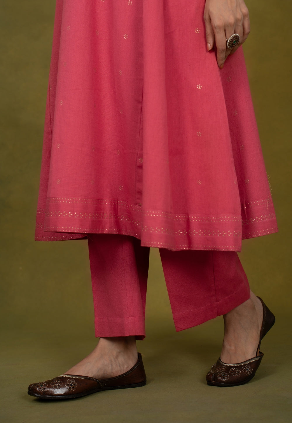 Sadia Pink Rogan Handblock Printed Cotton Kali Kurta Suit Set (Set of 3)
