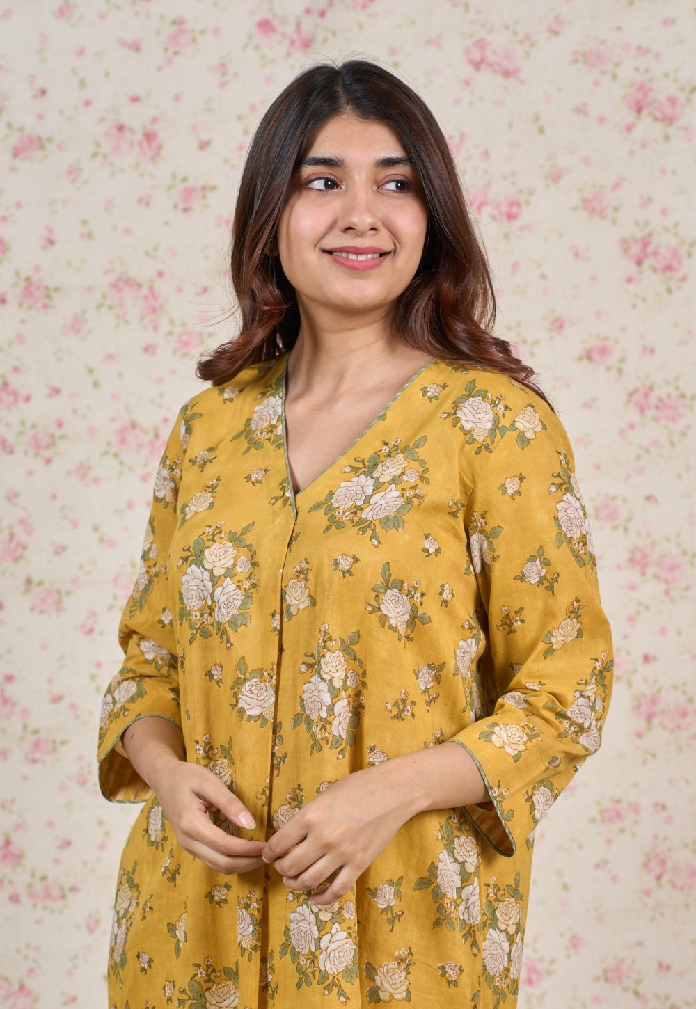 Hazel Yellow Sanganeri Mul Cotton Straight Kurta